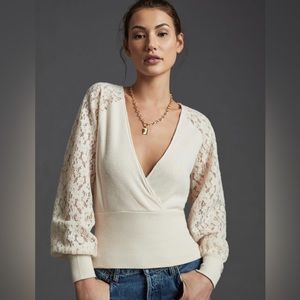 Anthropologie Faux wrap lace sleeve sweater size Large in Ivory